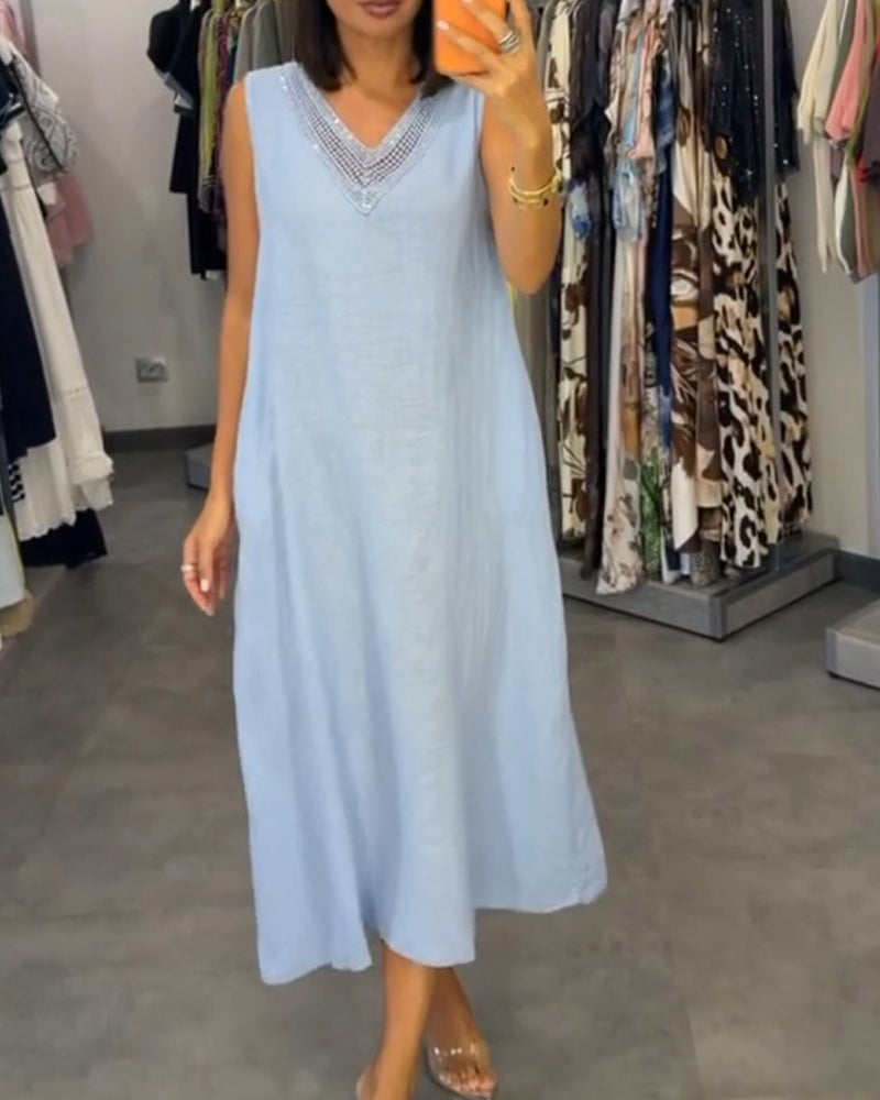 V-Neck Sleeveless Midi Dress