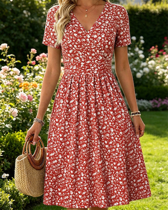 V-Neck Short SleeveTiny Floral Dress