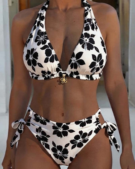 Hibiscus Print Halter Bikini