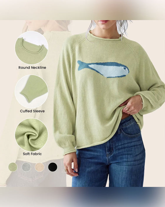 Crew Neck Fish Print Drop Shoulder Pullover