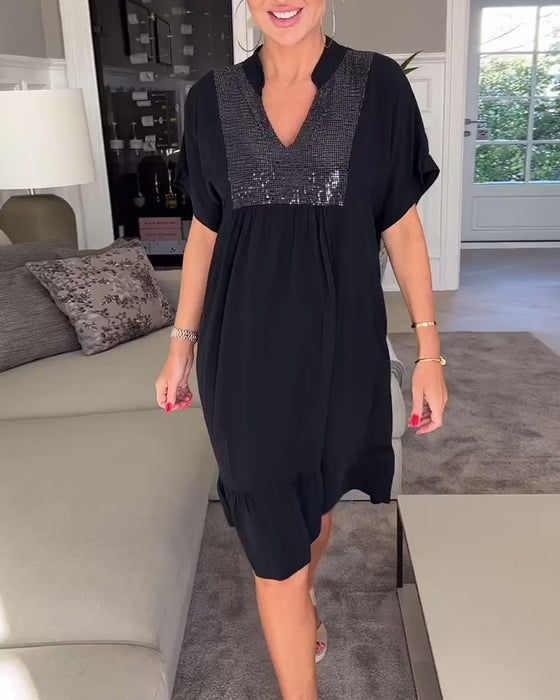 V-neck loose pleated dress