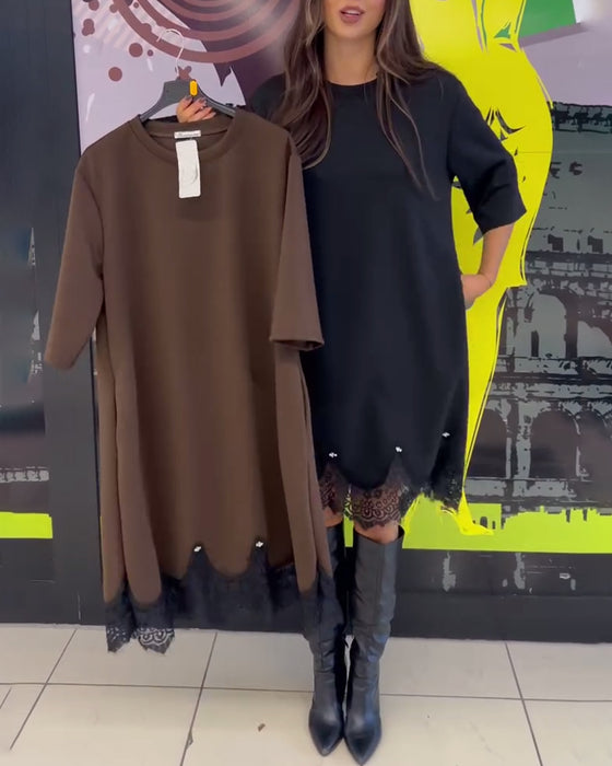 Elegant Lace Spliced Round Neck Dress