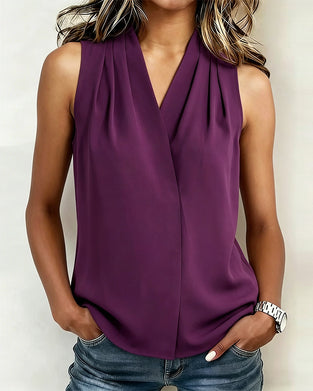 V Neck Pleated Solid Color Tank Top