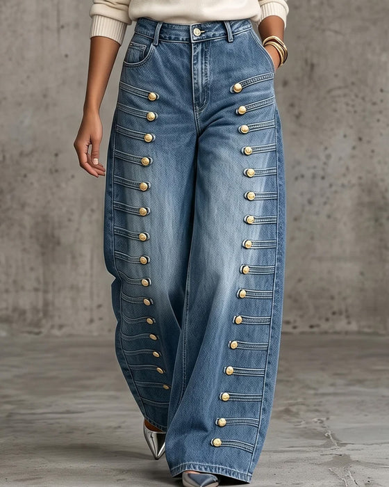 Button Pocket Wide-Leg Denim Long Pants