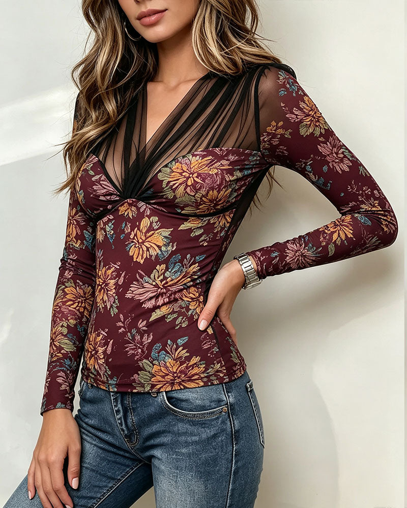 V-Neck Floral Casual Top