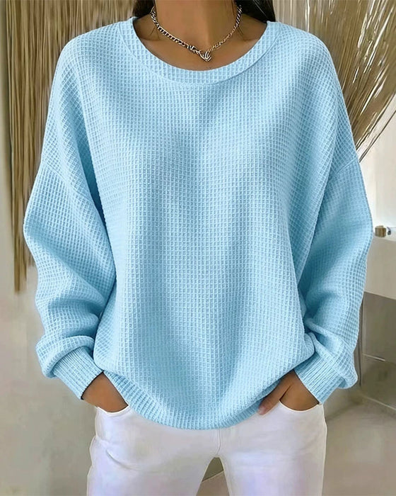 Solid Color Waffle Texture Pullover Sweatshirt