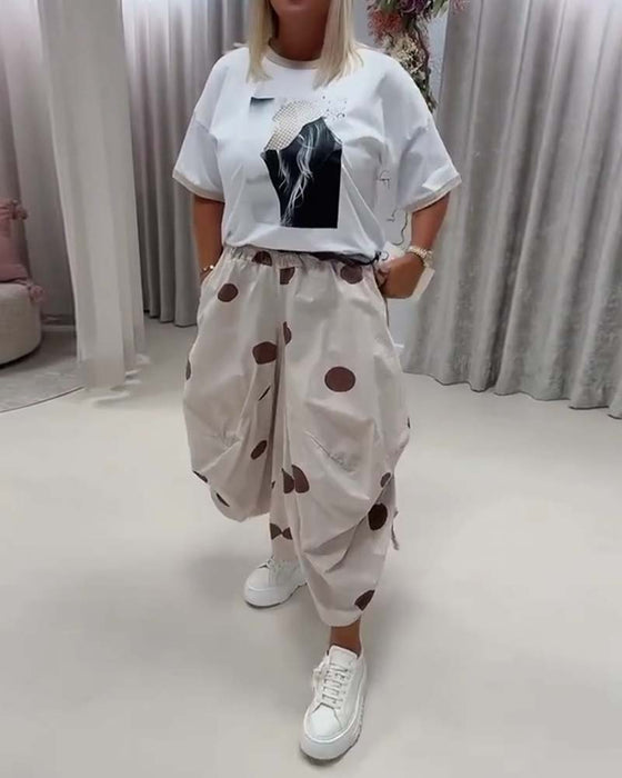 Drawstring Pocket Polka Dot Loose Fit Harem Pant