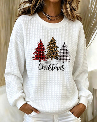 Crew Neck Plaid Pullover Christmas Tree Sweatshirt