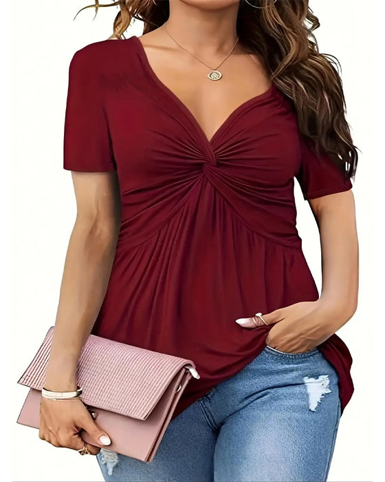 V-neck Twisted Waist Solid Color T-shirt