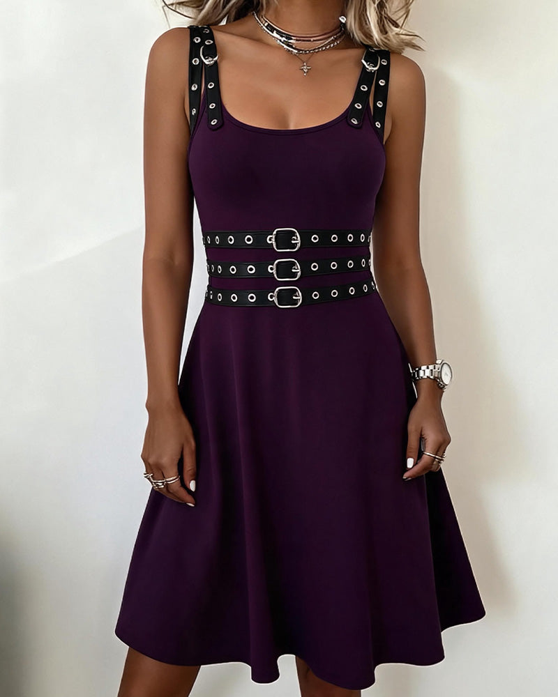 Square Neck Strappy Metal Ring Sleeveless Dress
