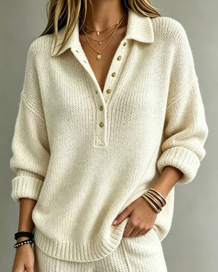 Lapel Buttoned Solid Color Pullover