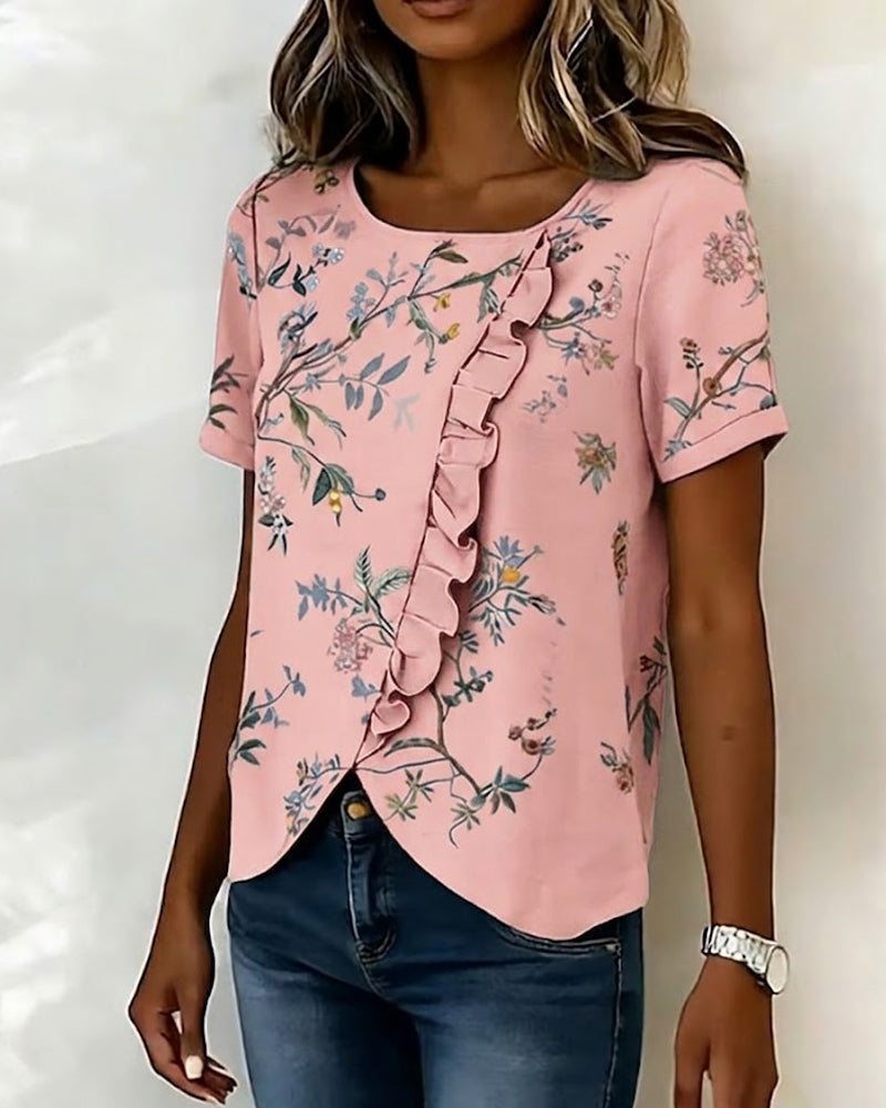 Crewneck Short Sleeve Ruffle Floral Blouse
