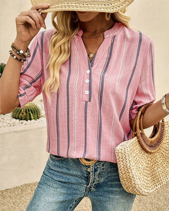V-Neck Casual Striped Blouse