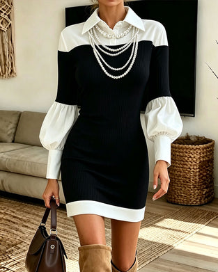 Shirt Collar Puff Sleeve Color Block Fitted Dress