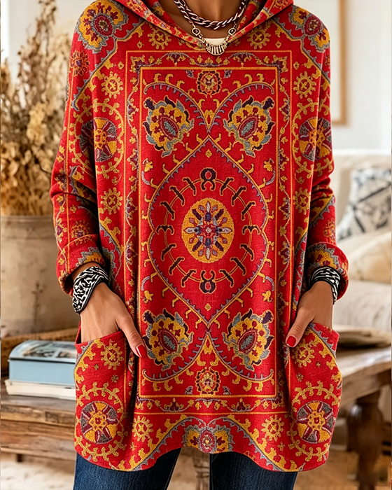Bohemian Print Hooded Longline Hoodie