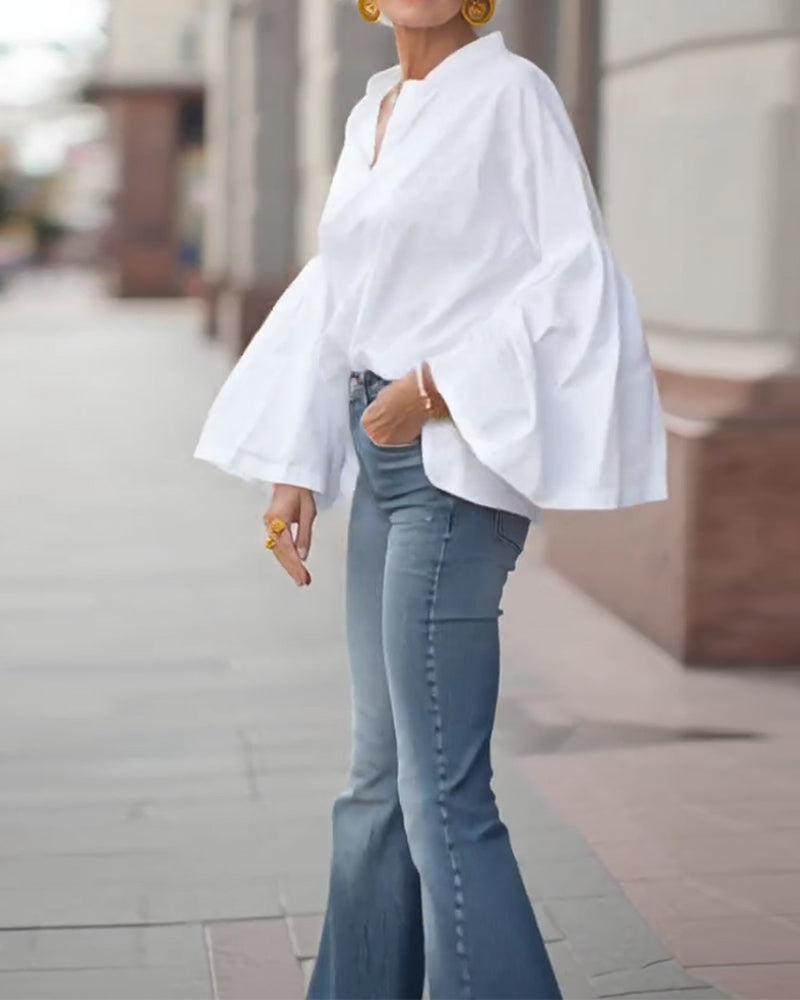 V-Neck Flared Sleeve Elegant Blouse