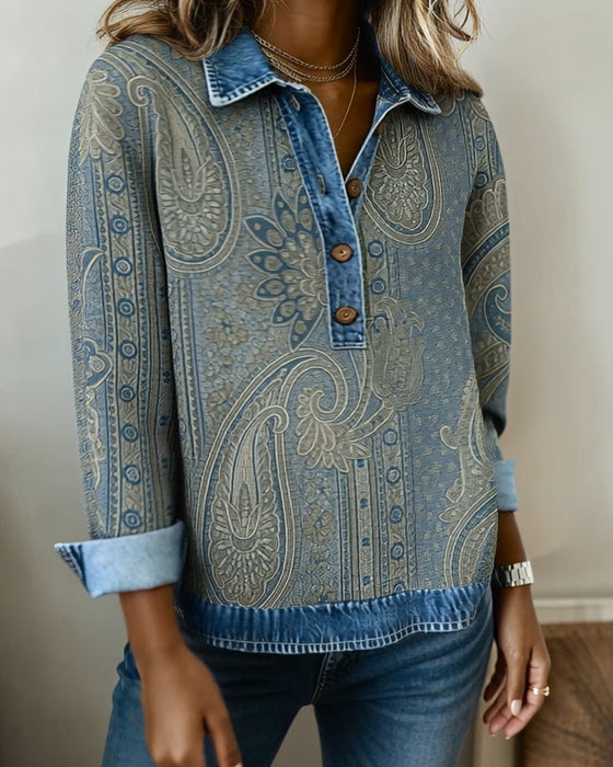 Color-Blocked Button-Down Collar Sweatshirt