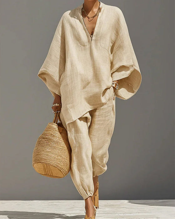 V-Neck Relaxed Sleeve Casual Set