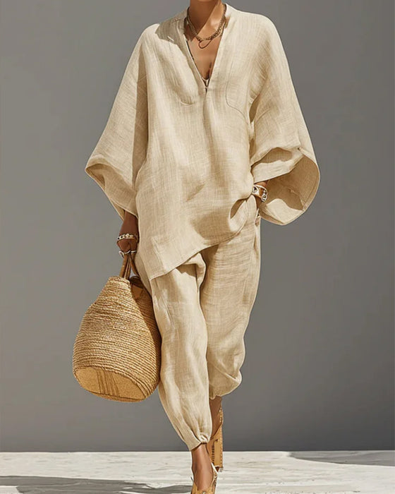 V-Neck Relaxed Sleeve Casual Set