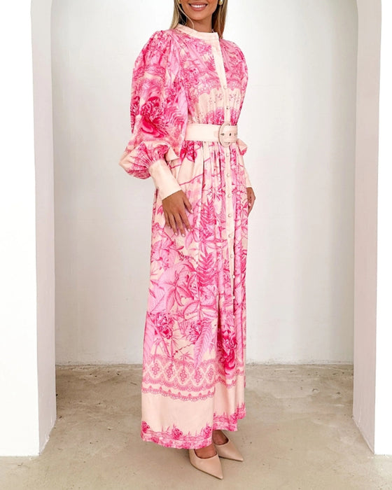 Lantern sleeve button print dress