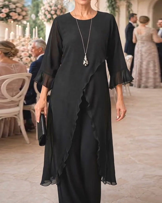 Crew Neck Ruffle Slit Long Blouse