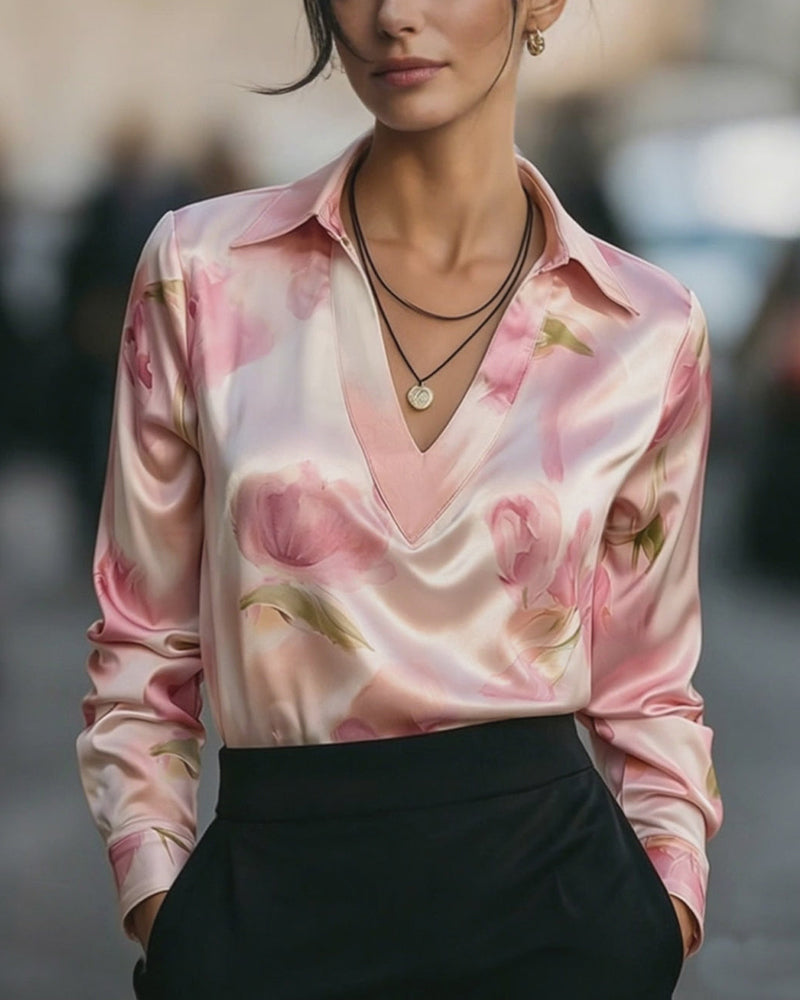 Lapel V-Neck Floral Print Long Sleeve Blouse