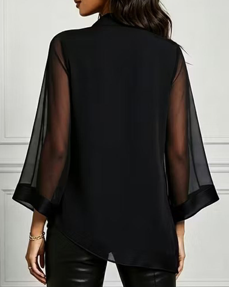 Mock Neck Irregular Solid Sheer Blouse