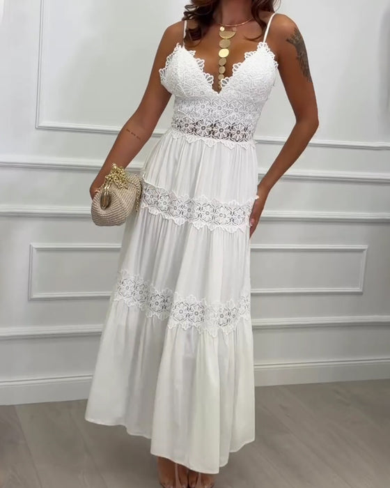 Lace Patchwork Spaghetti Strap V-Neck Dress