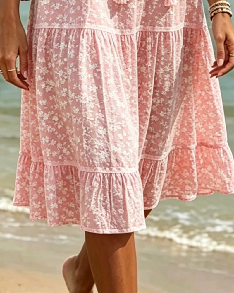Tie V-Neck Ruffle Floral A-Line Dress