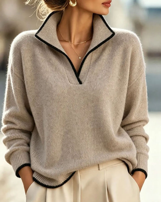 Lapel V-Neck Contrasting Loose Pullover
