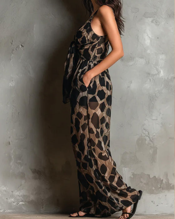Leopard Print Suspender Wide Leg Jumpsuit