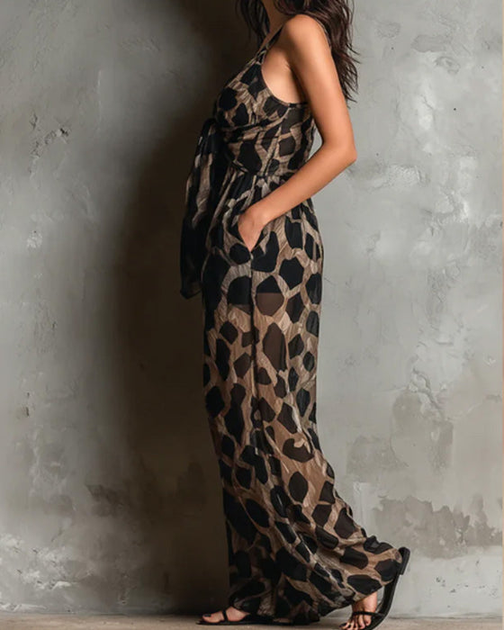 Leopard Print Suspender Wide Leg Jumpsuit