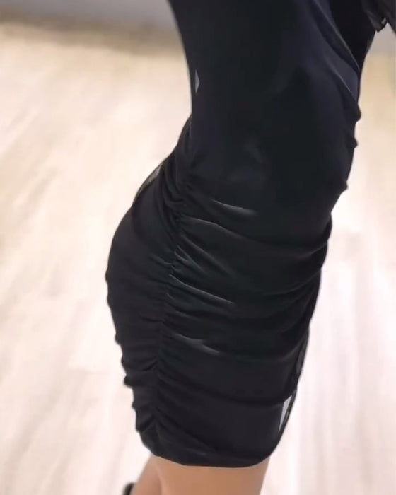 Crew-Neck Mesh Ruched Slim Dress