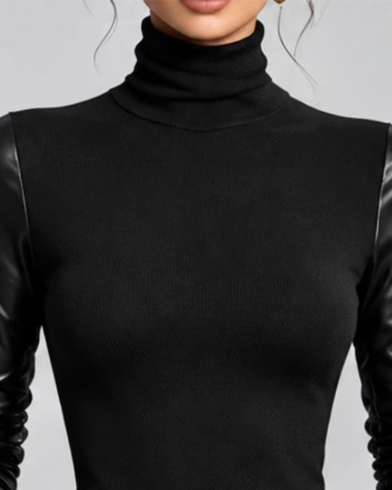 Turtleneck Patchwork Solid Top