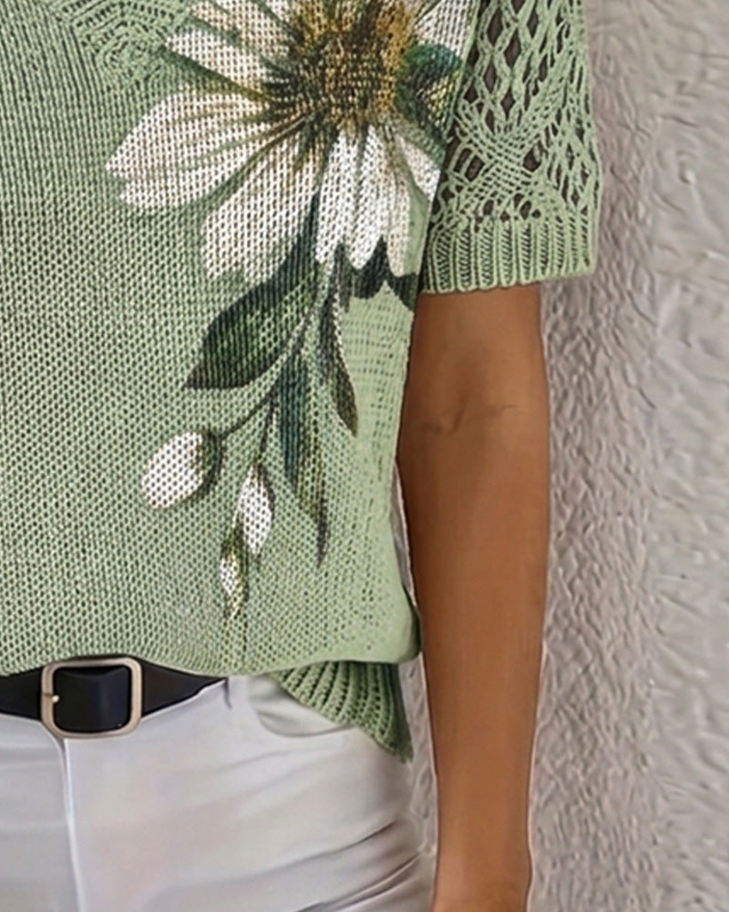 V-Neck Knitted Floral Pullover