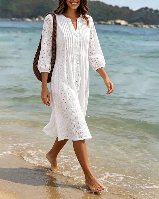 Solid V‑Neck Shirred Cutout Dress