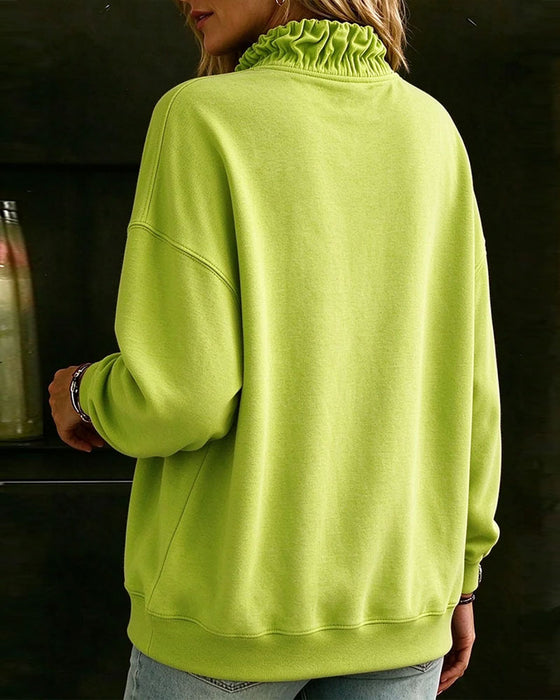 Zipper Ruffle Drop Shoulder Long Sleeve Sweatshirt
