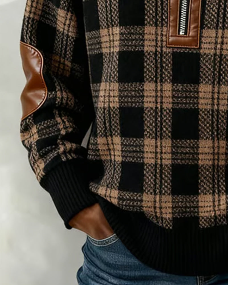 Fleece Half-Zip Collar Plaid Sweatshirt