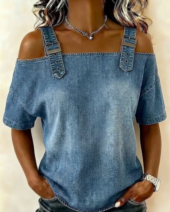 Off-Shoulder With Shoulder Strap Denim Blouse