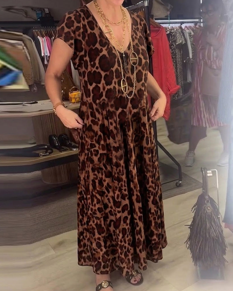V-Neck Leopard Short Sleeve Dress