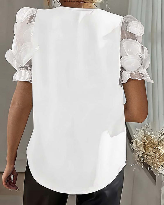 Puff Sleeve Mesh V-Neck Blouse