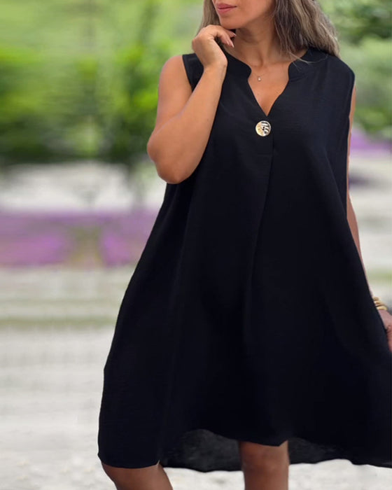 Sleeveless V-Neck Button Dress