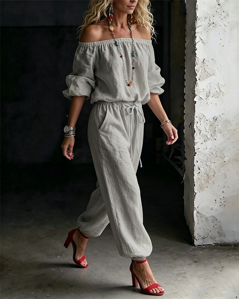Off-Shoulder Tie Waist Cinched Waist Jumpsuit