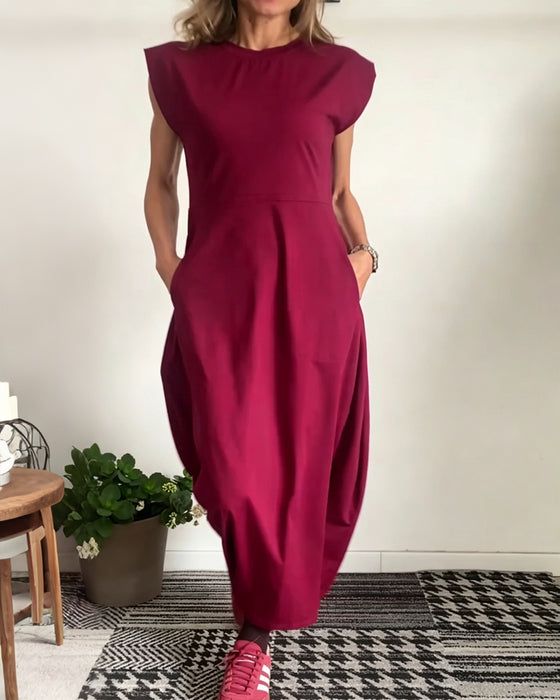 Crew Neck Pocket Solid Dress