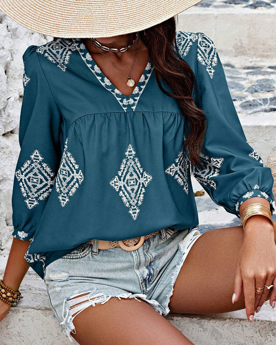 V-Neck Diamond Print Three-Quarter Sleeve Blouse