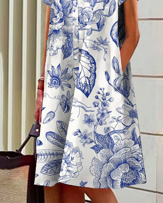 Casual elegant printed dress with lapel pockets