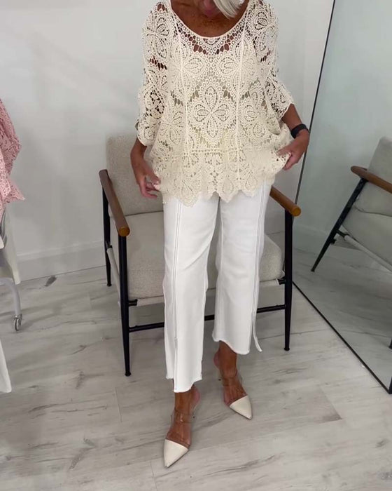Three-Quarter Sleeve Cutout Pullover