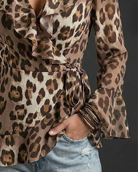 V-Neck Ruffle Leopard Blouse