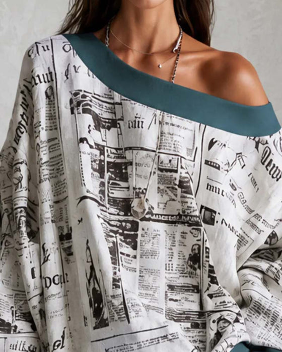 Off-Shoulder Batwing Sleeve Print Dress
