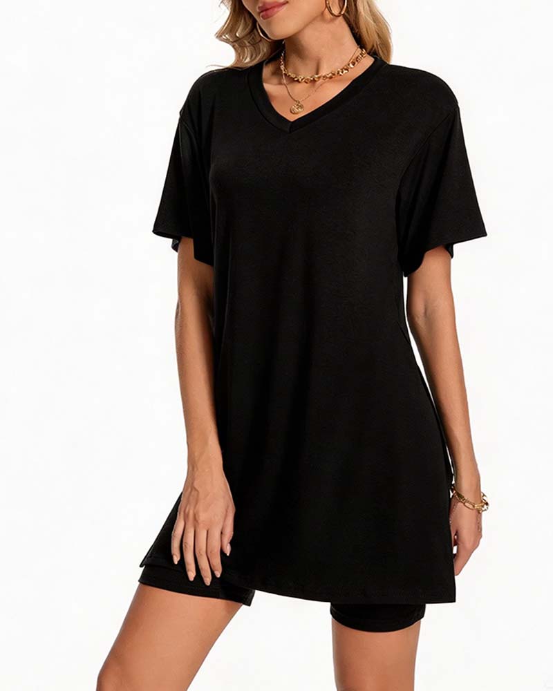 V-Neck Side Split Short Sleeve Set
